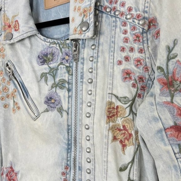 Blank NYC M The Sitting Pretty Embroidered Denim Moto Jacket Floral - Picture 3 of 6